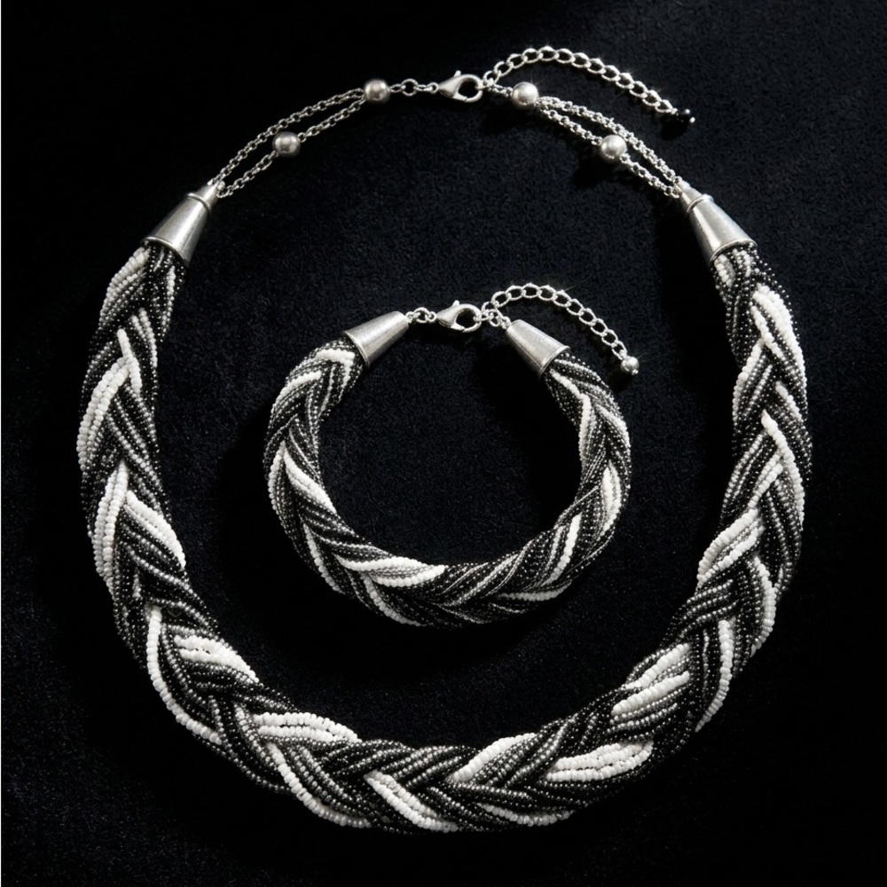 Black White Silver Gray Braided Seed Bead Statement Necklace Bracelet Set Cones